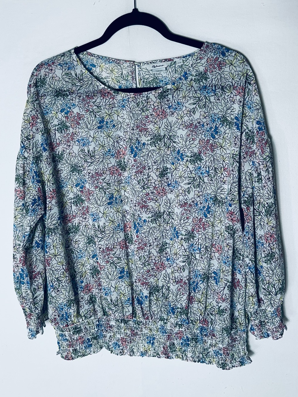 Reitmans The Relaxed Floral Semi Sheer Smocked Waist Elastic Cuff Blouse Size L